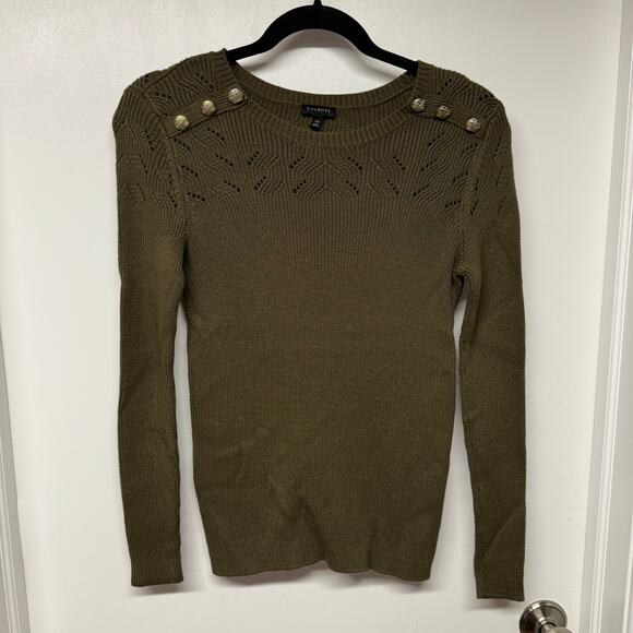 Talbots Womens Olive Green Scoop Neck Sweater Brass Buttons Open Knit Size XS - Picture 1 of 7